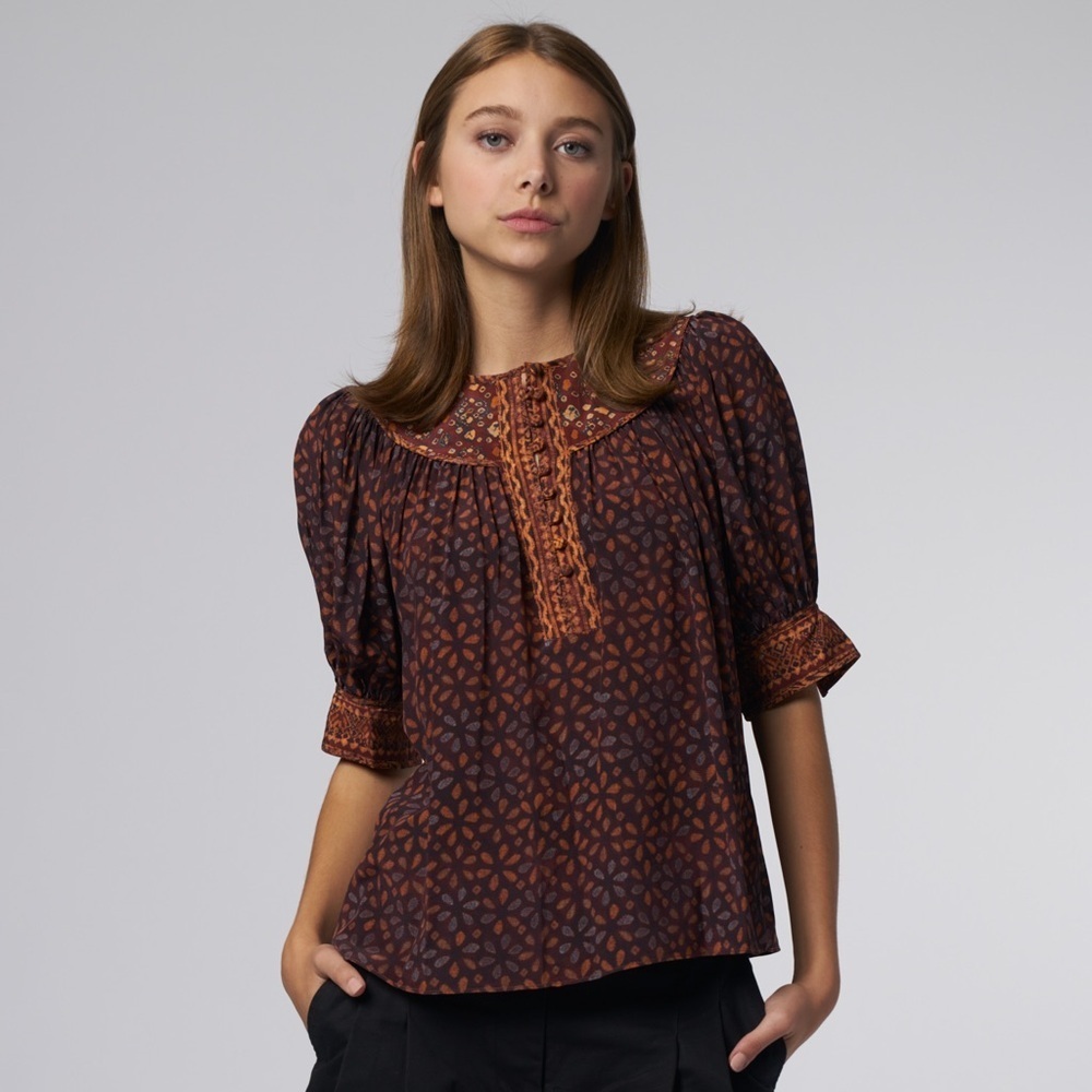 Ulla Johnson Shirt Womens 2 Silk Agate Peasant Boho Brown